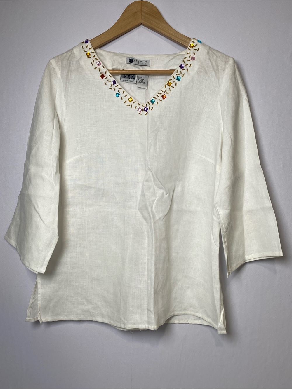 Carole Little Irish Linen Top M White Beaded Boho Resort Coastal Vacation